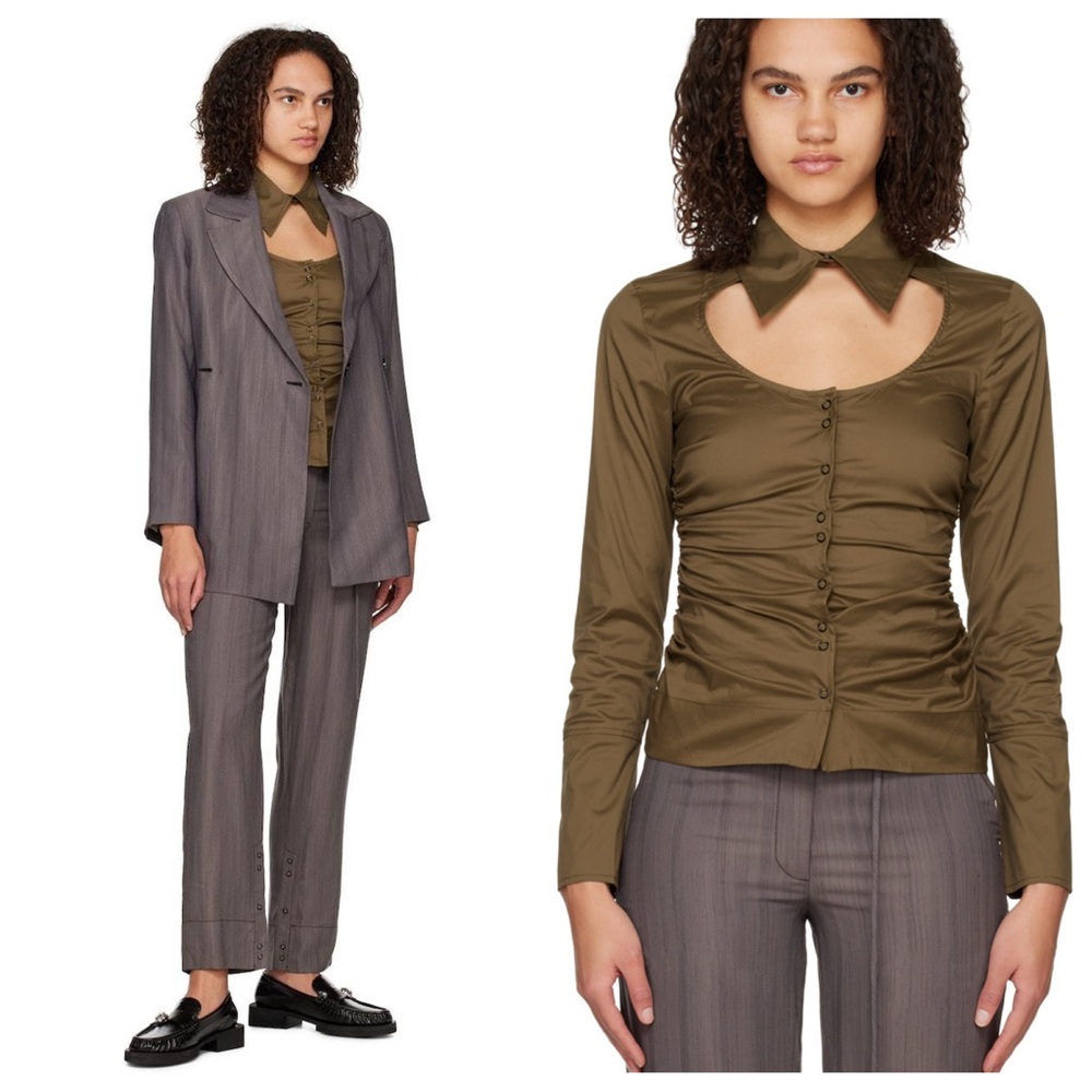 Ganni Cut Out Tailored Button Down Shirt in Brown
